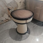 Round Radial Natural Wood Veneer Sofa Side Table with Beige Leather-Wrapped Pedestal and Layered Glossy Black Trim
